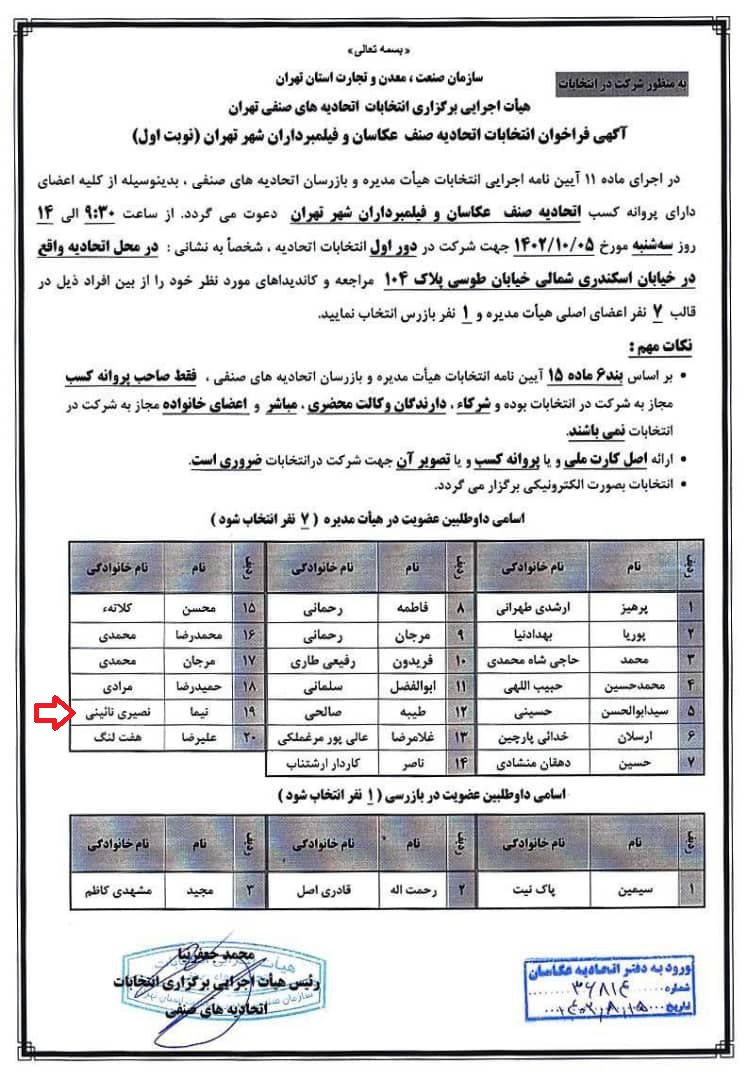 لیست کاندید های تایید صلاحیت شده انتخابات اتحادیه عکاسان تهران